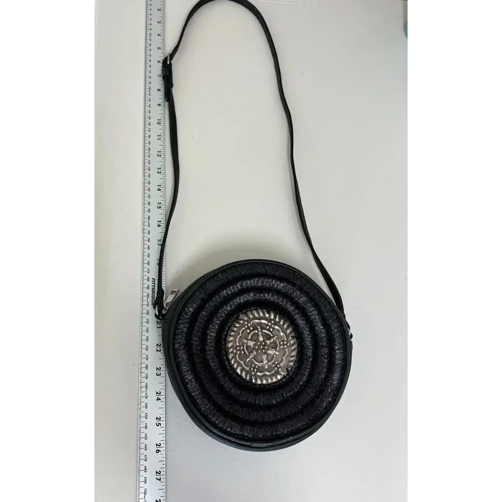 Free People Tambourine Roundy Bag Crossbody Medallion Adjustable Strap Black